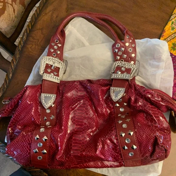 Beautiful red alligator look purse with metal and stones and studs. - Picture 3 of 6